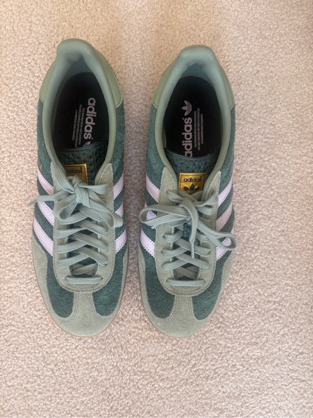 adidas Suede Sneakers in Sage Green with White Stripes. New, worn once.